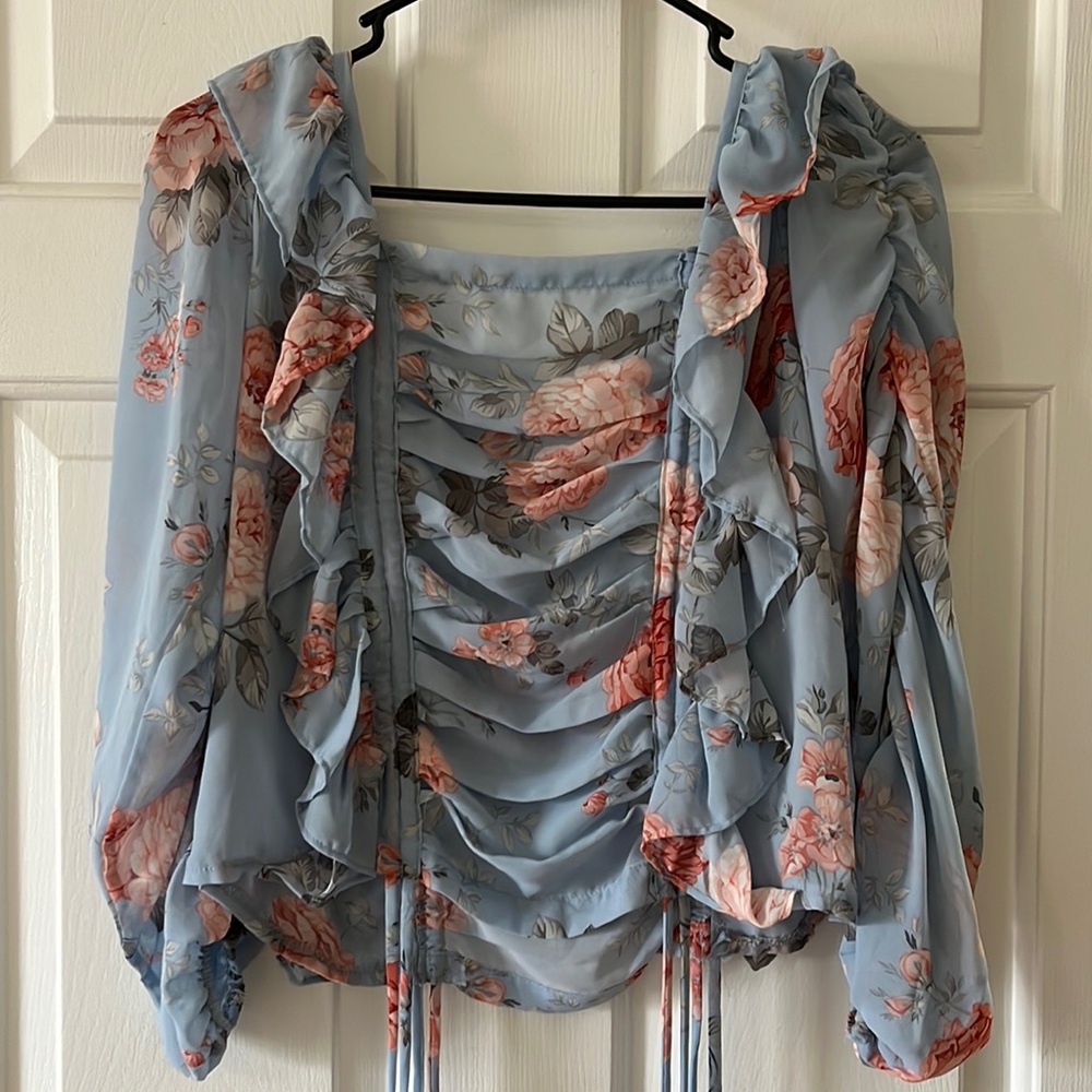 Blue Floral Ruffle Top